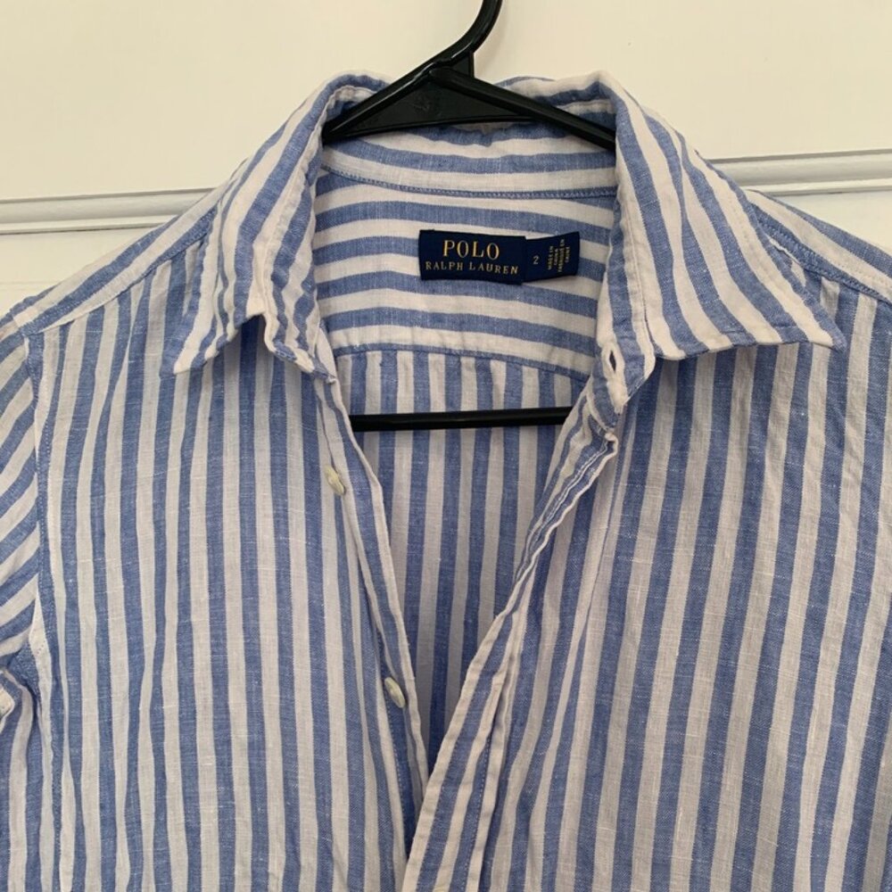 Striped Shirt Dress with Tie Waist - Light Blue/White - Picture 2 of 4